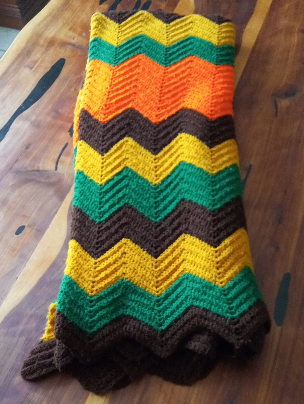 Handmade Chevron Knit Throw Blanket in Green, Yellow, Orange & Brown